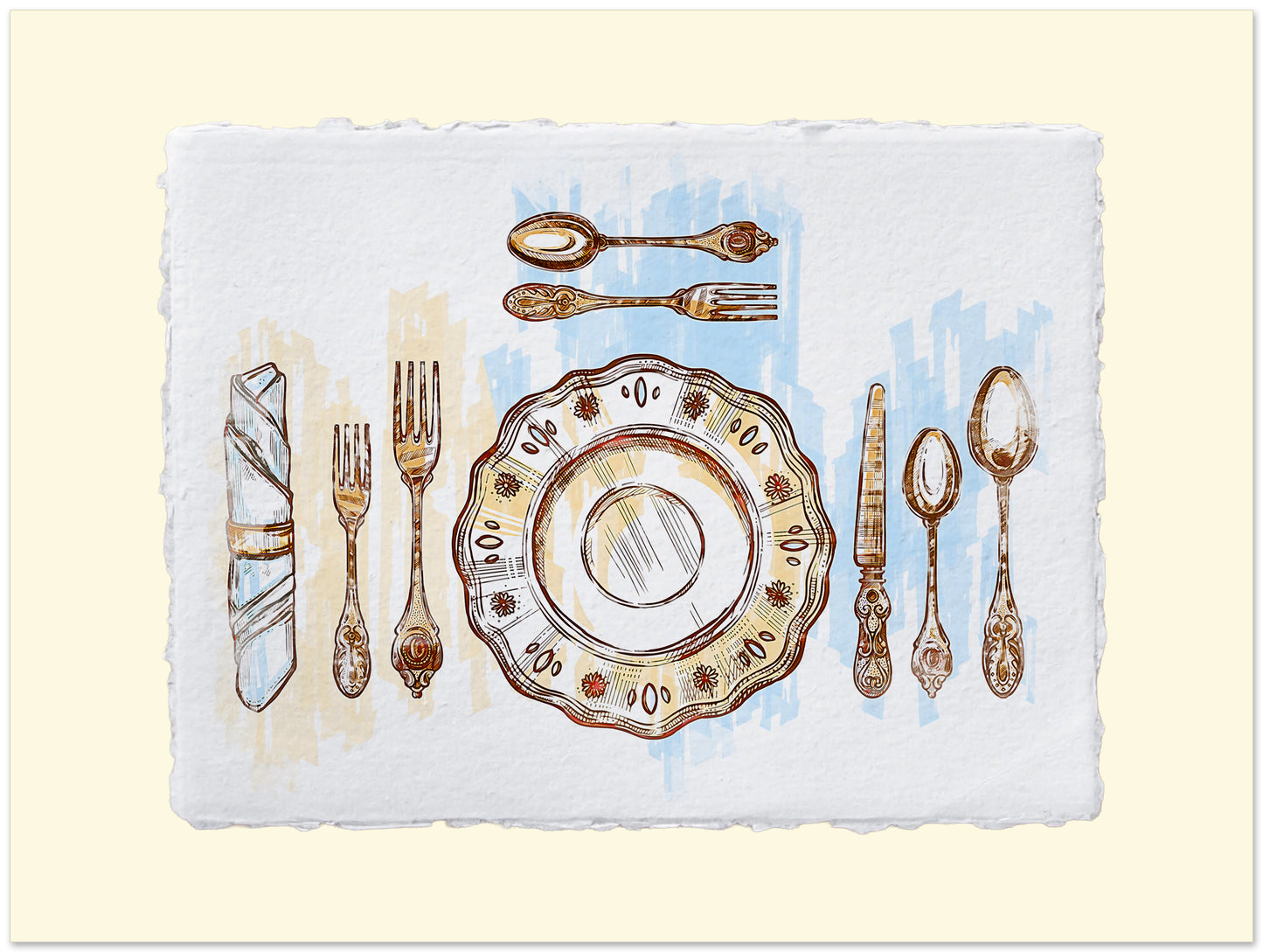 Placemat with vintage-style cutlery and plate design on a light background