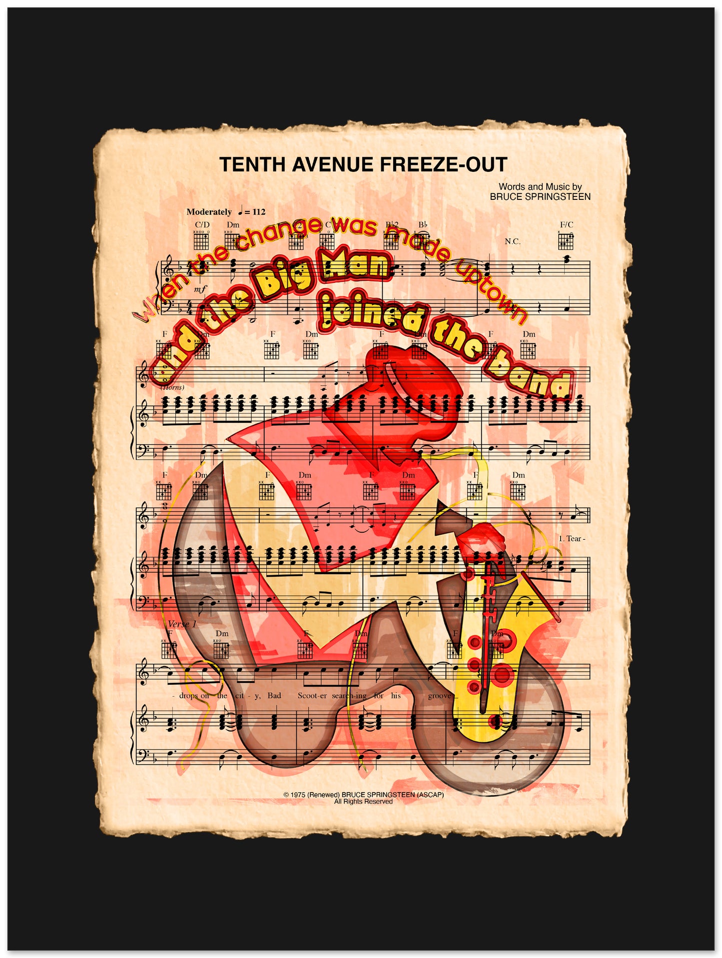 Sheet music cover with saxophone illustration and text overlay on a black background