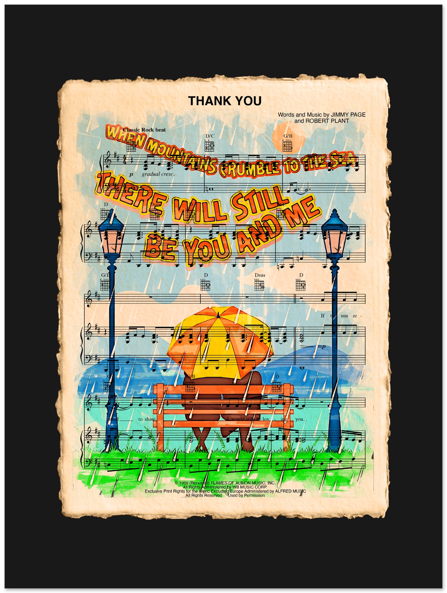 Sheet music with a colorful illustration of a bench and umbrella, featuring text and musical notes.