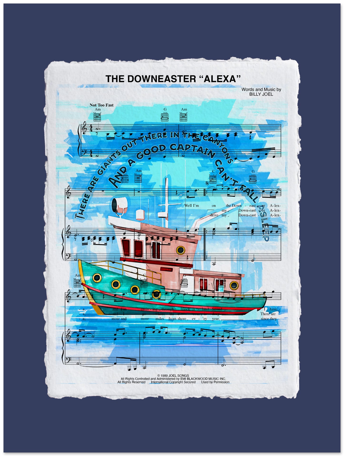 Sheet music with a colorful illustration of a boat on a blue background