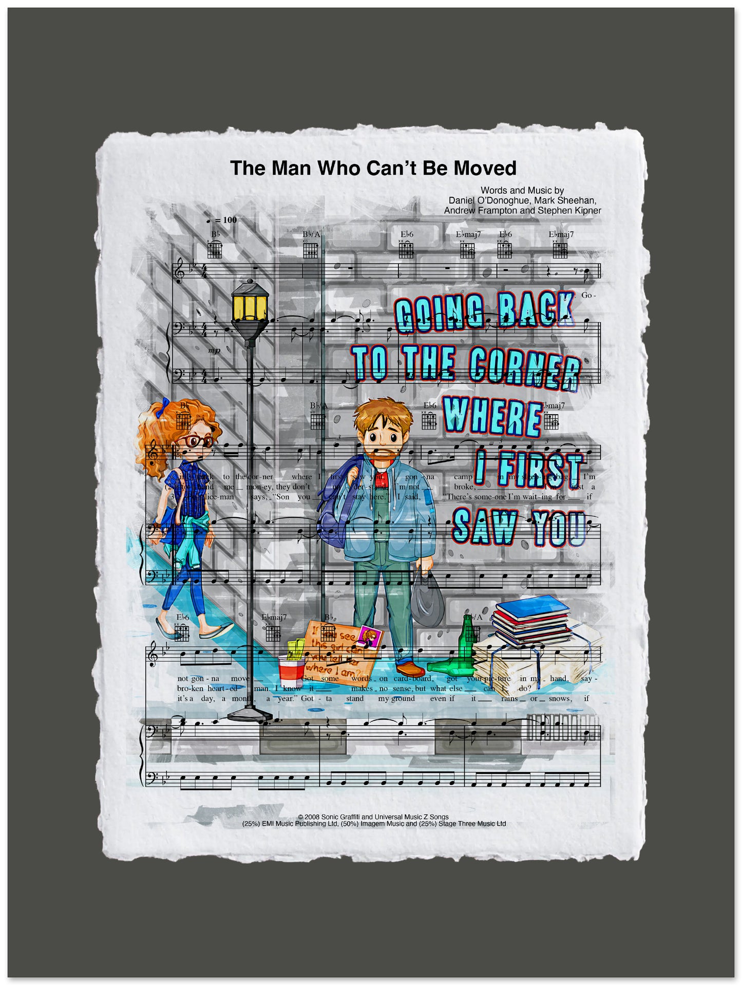 Illustration of two people standing on a street corner with text and sheet music design.
