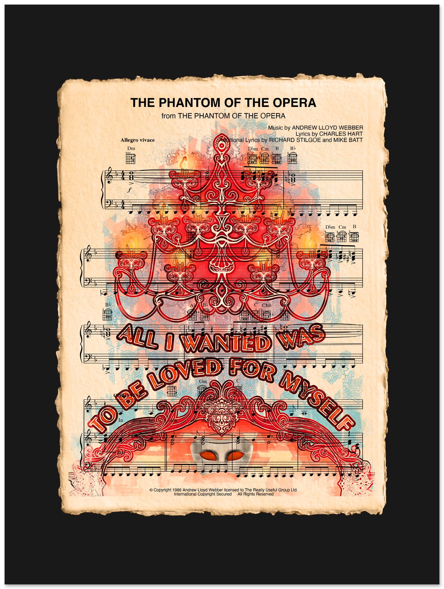Sheet music cover for 'The Phantom of the Opera' with decorative chandelier design.