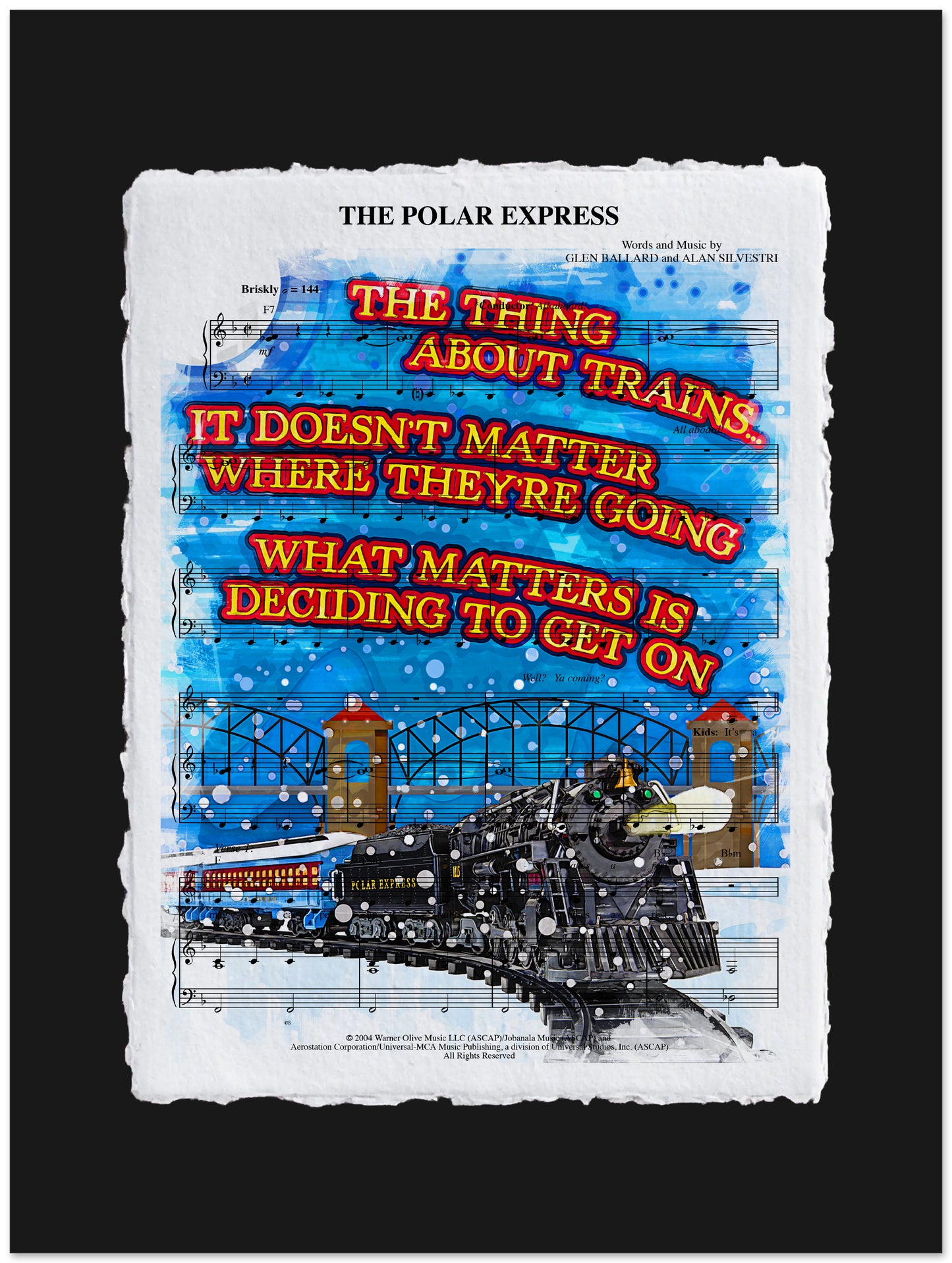 Decorative poster with a train design and text on a sheet music background