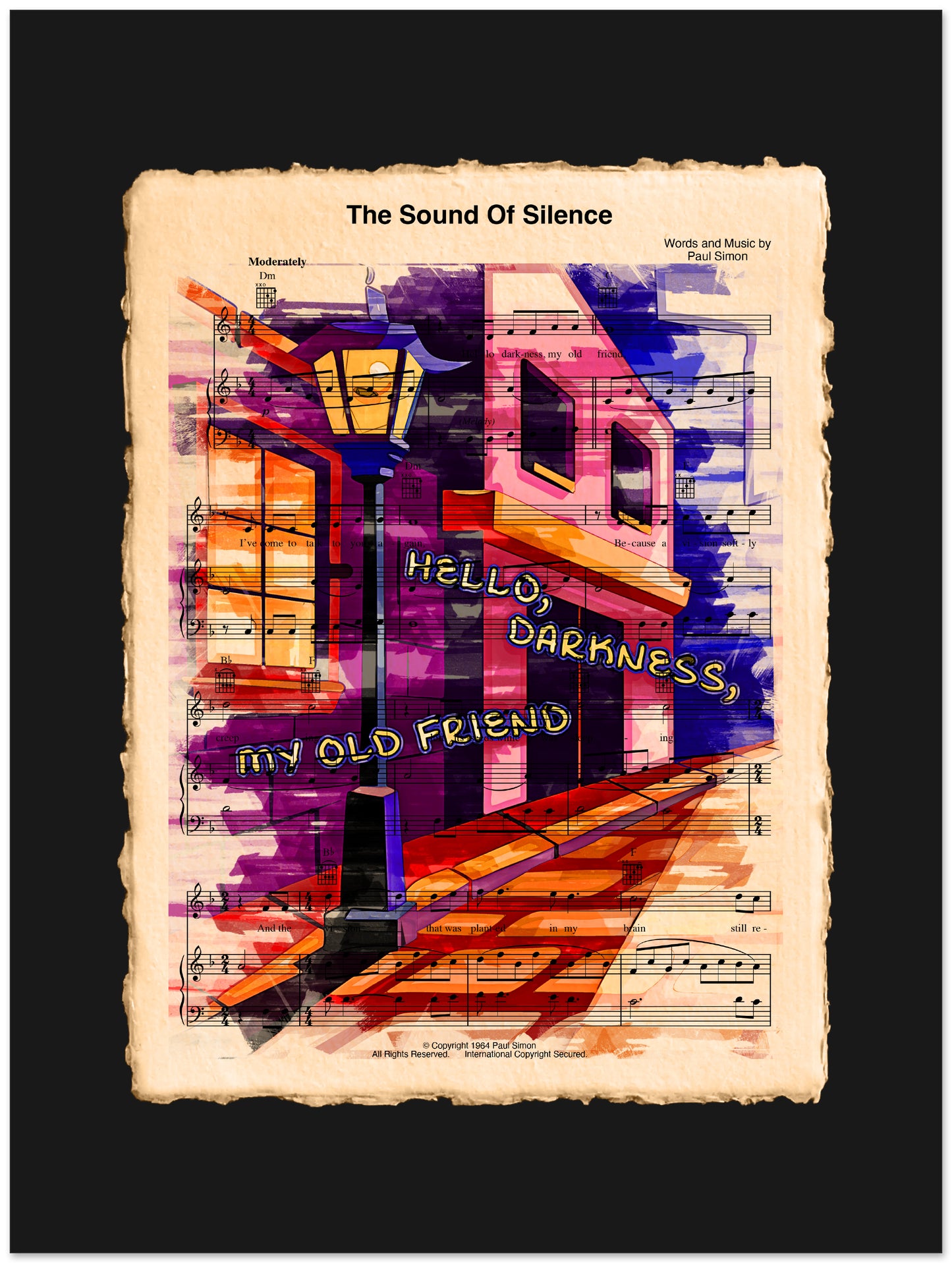 Colorful abstract design with text and musical notes on a black background