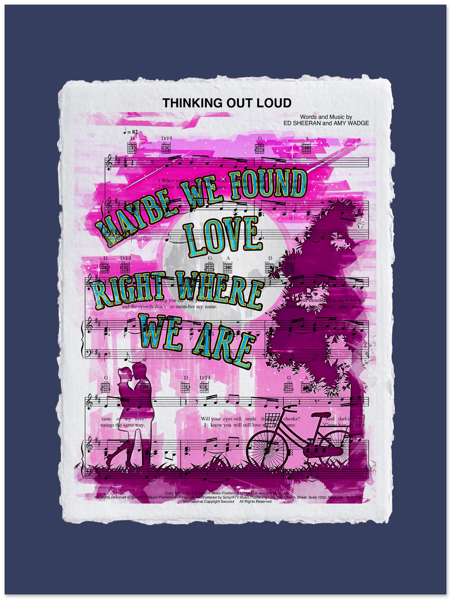 Sheet music cover with text 'Maybe We Found Love Right Where We Are' on a blue background