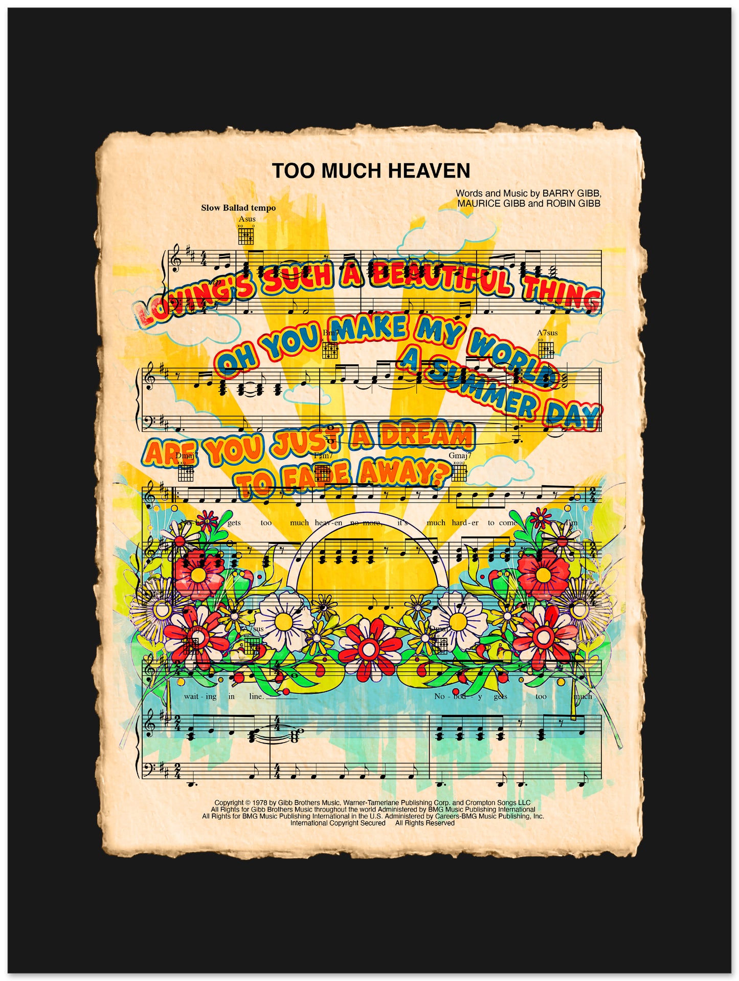 Colorful sheet music cover with floral design and text on a black background