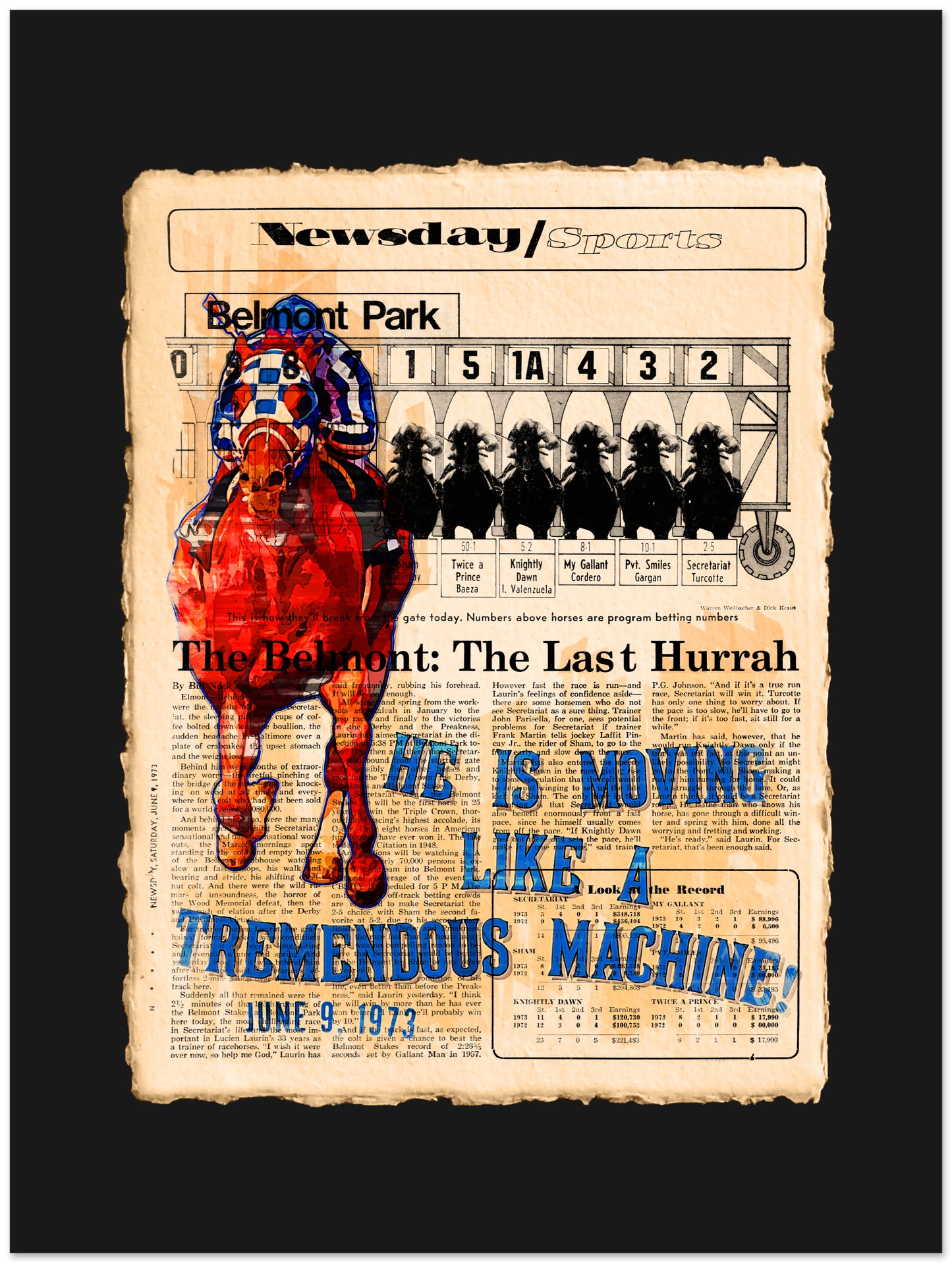 Newspaper-style poster with a horse and jockey graphic and text on a black background