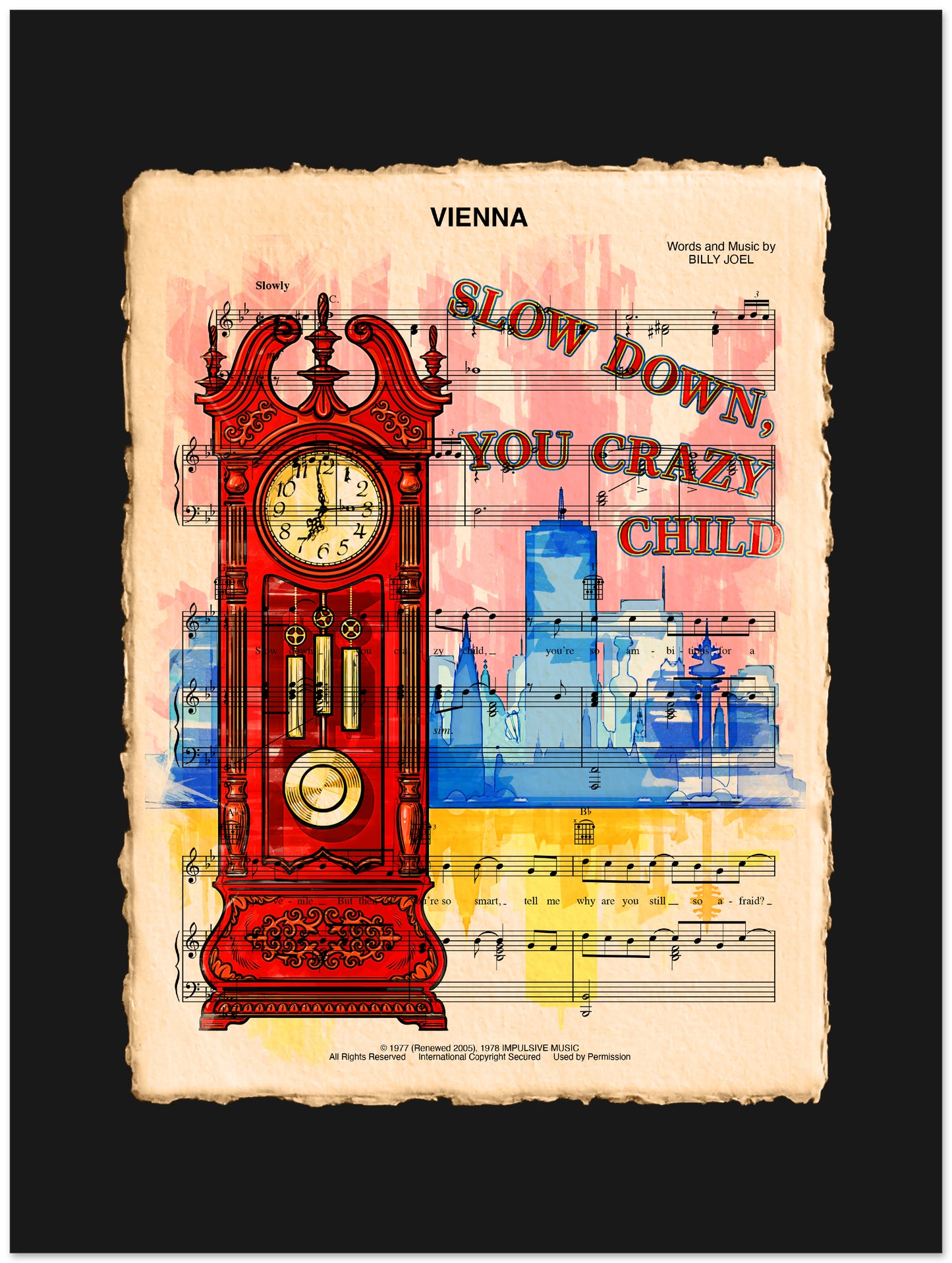 Colorful poster with a red grandfather clock, sheet music, and text on a black background