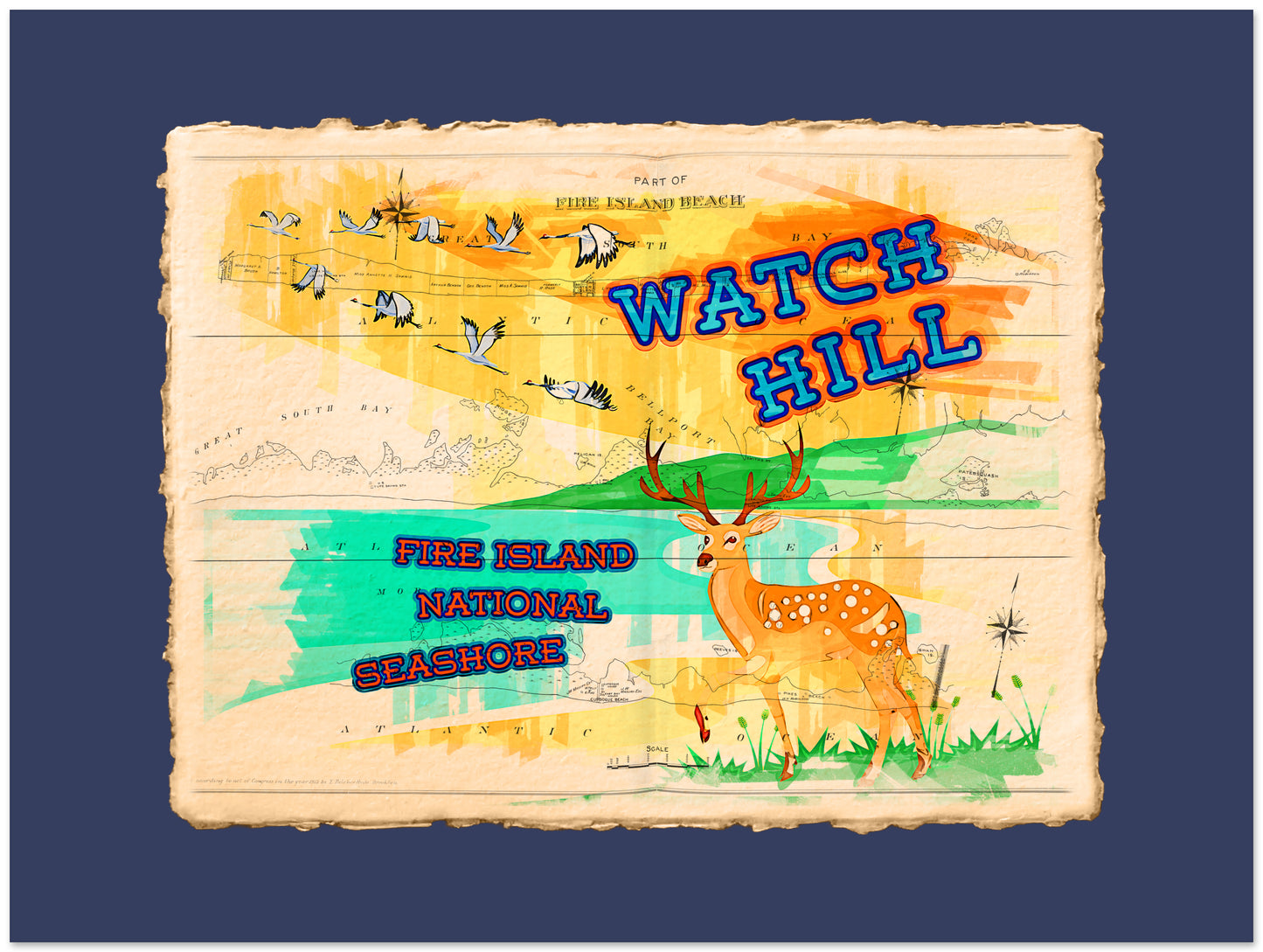 Map of Watch Hill Fire Island National Seashore with a deer illustration on a blue background