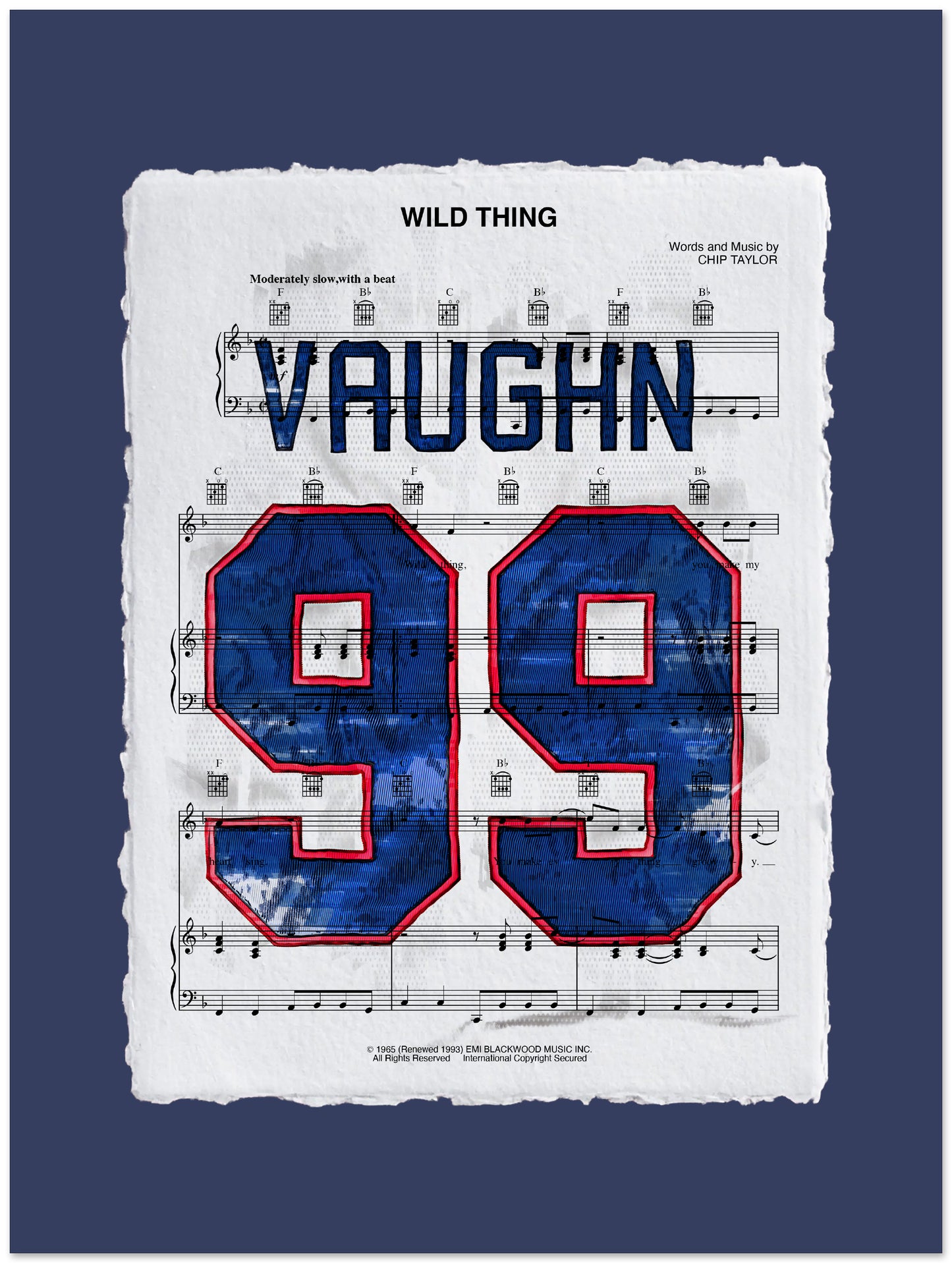 Sheet music with 'Vaughn 99' baseball jersey in blue and red on a dark blue background
