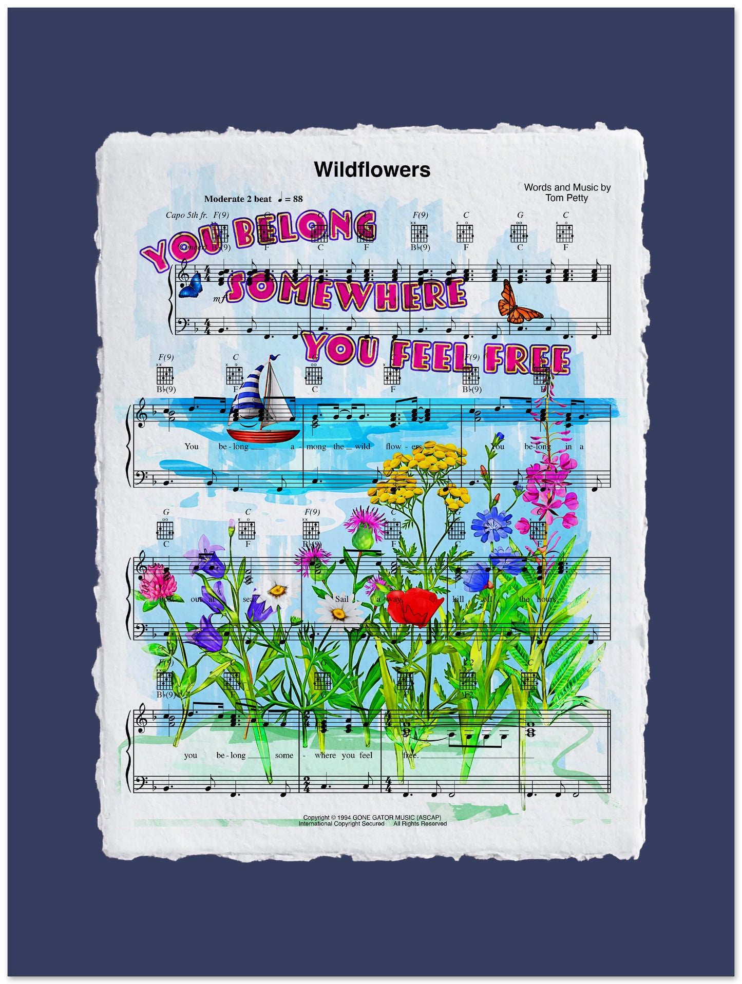 Sheet music with colorful flowers and decorative elements on a blue background
