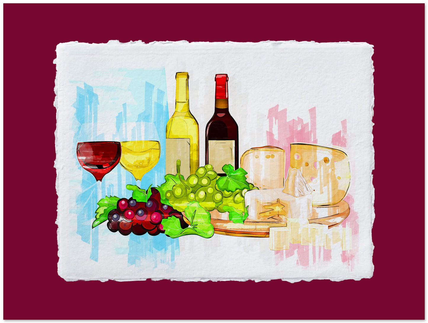Decorative mat with wine bottles, glasses, and grapes on a colorful abstract background