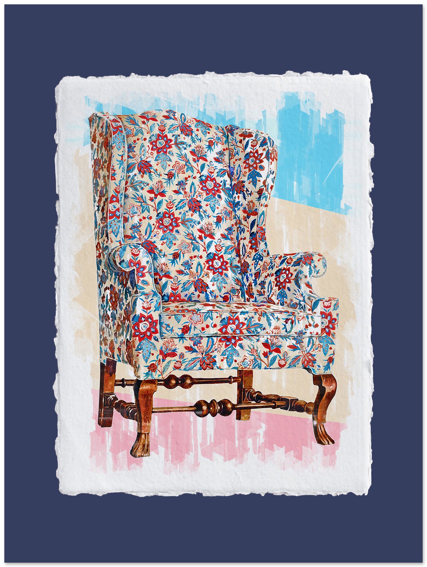 Decorative armchair with floral pattern on a textured blue background