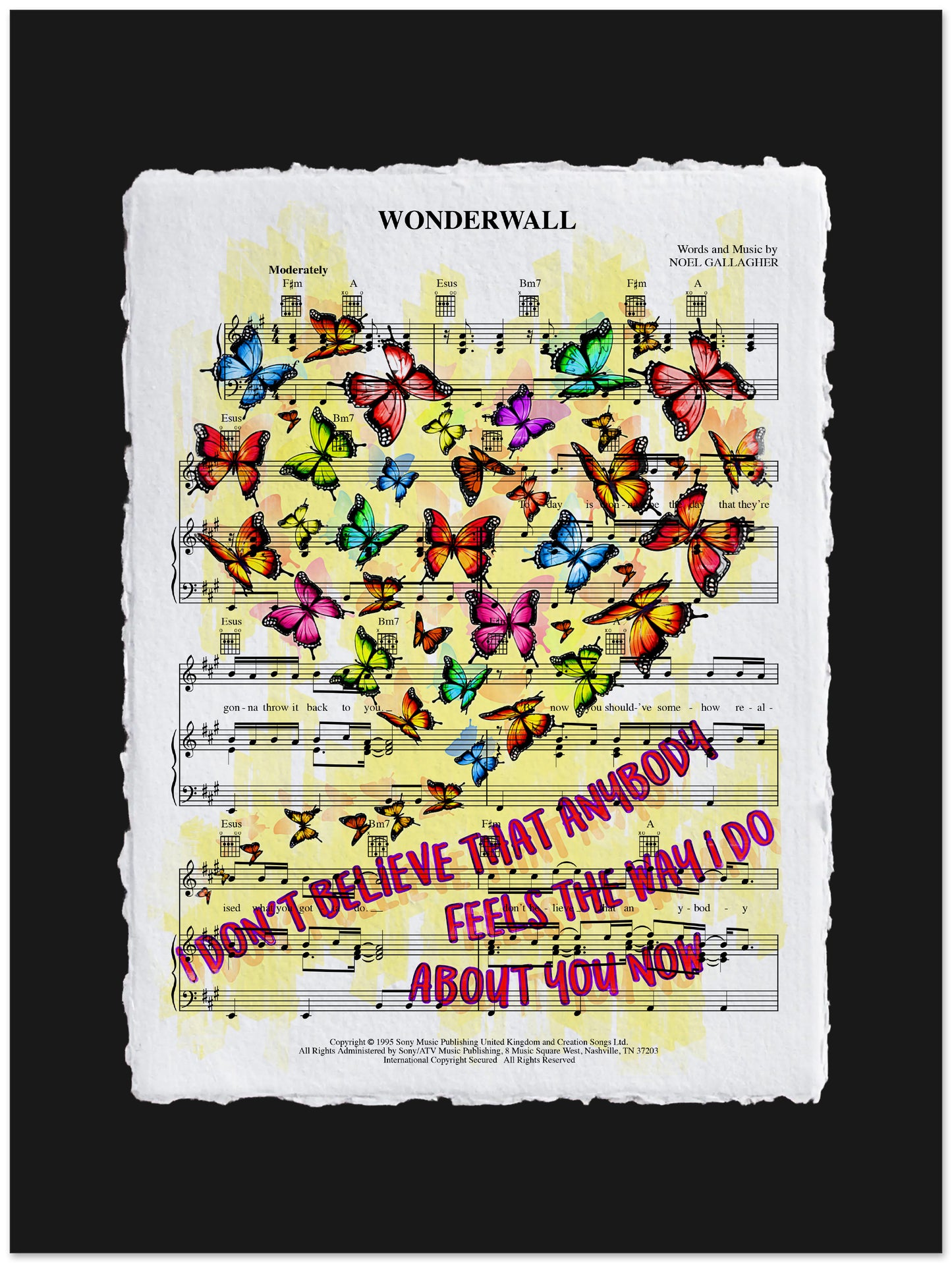 Sheet music with colorful butterflies and text on a black background
