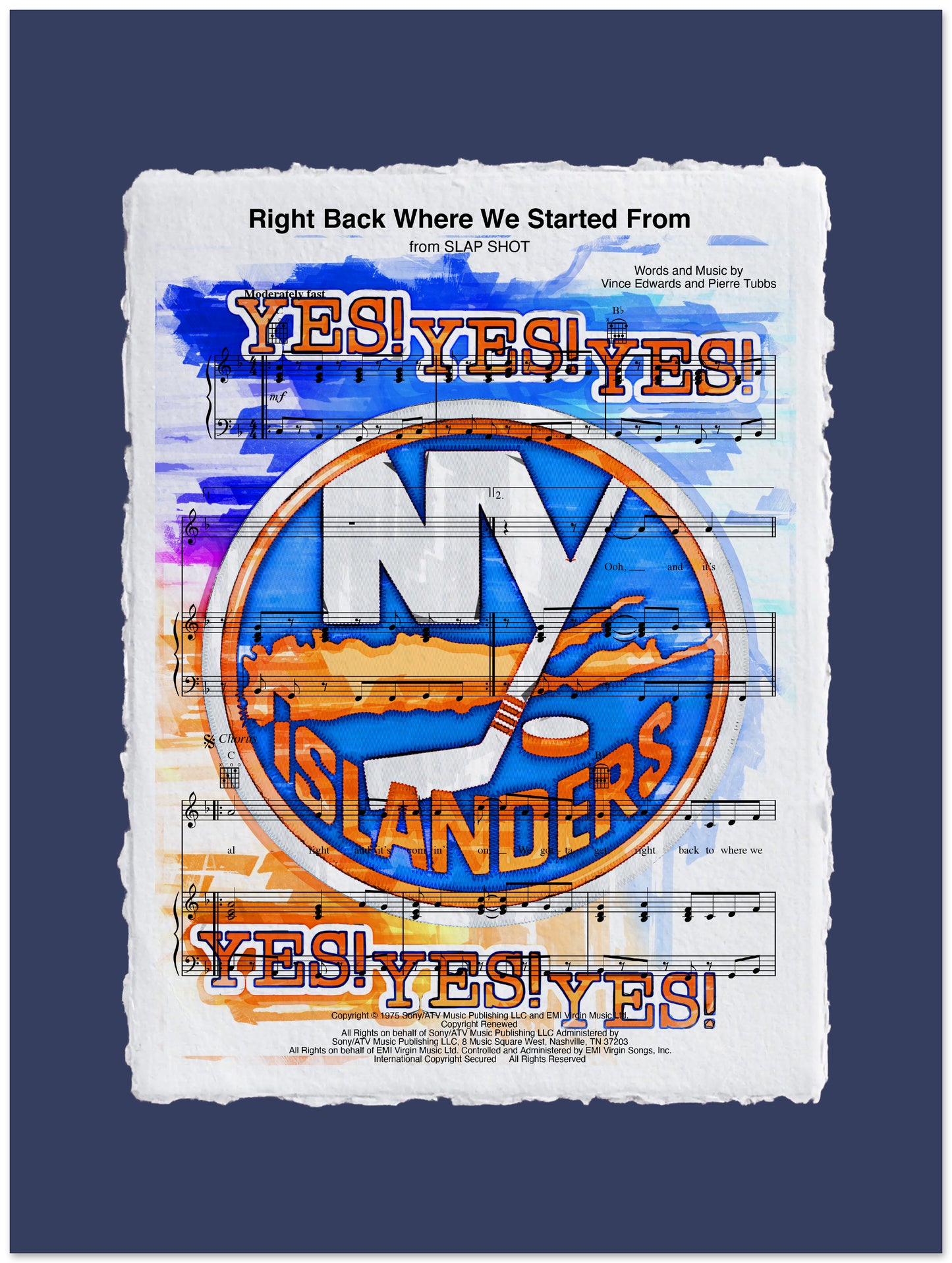 New York Islanders logo with musical notes on a dark blue background