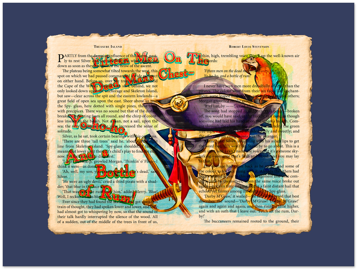 Pirate-themed artwork with a skull, parrot, and text on an old paper background