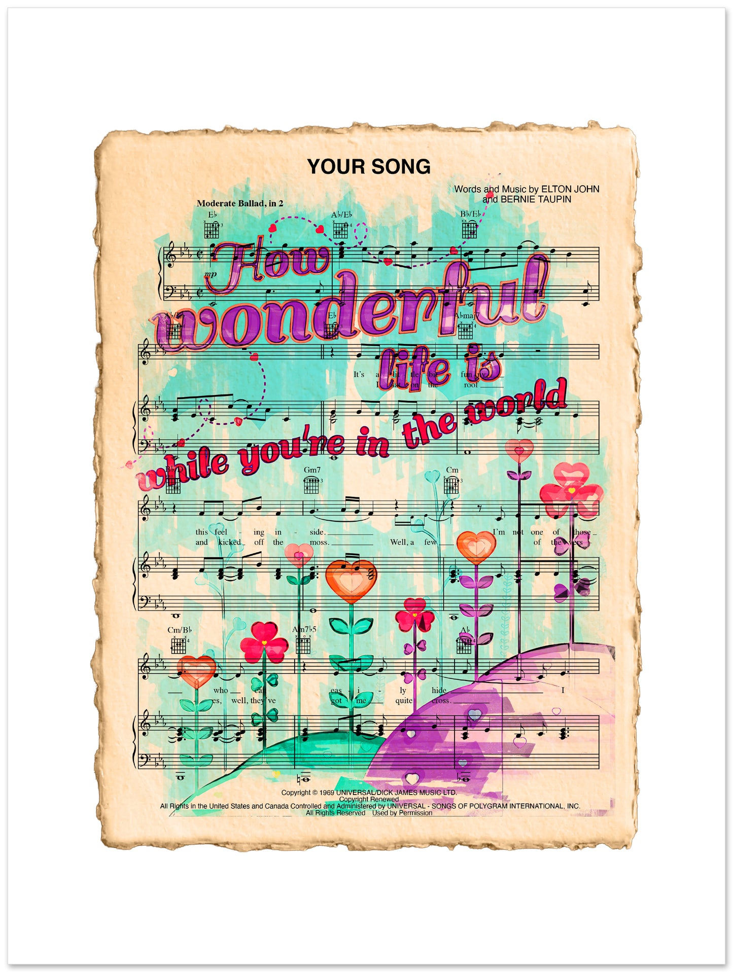 Sheet music with colorful floral design and text on a white background
