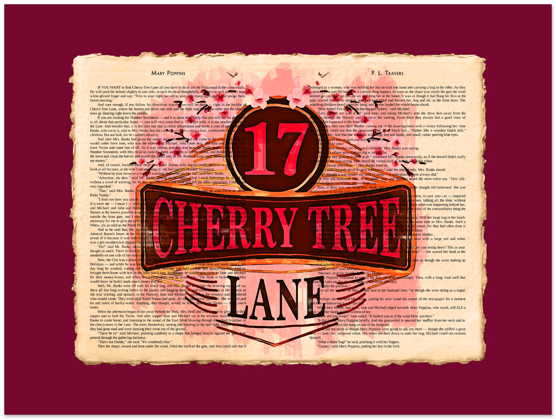 Vintage-style sign with '17 Cherry Tree Lane' on a red background
