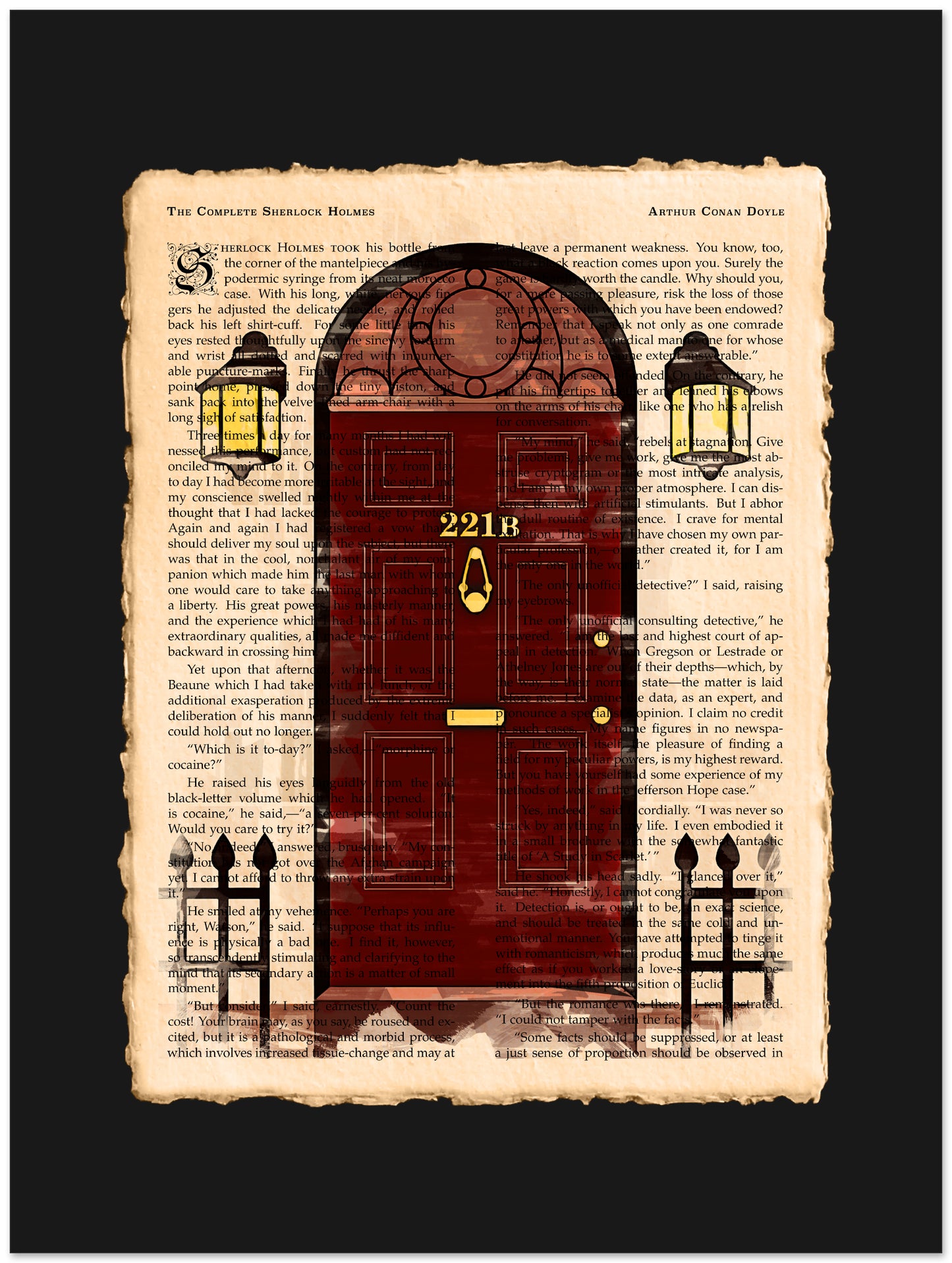 Illustration of a red door with number 221B on a book page background