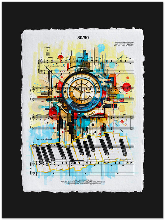 Colorful artwork with a clock, piano keys, and musical notes on a sheet of music.