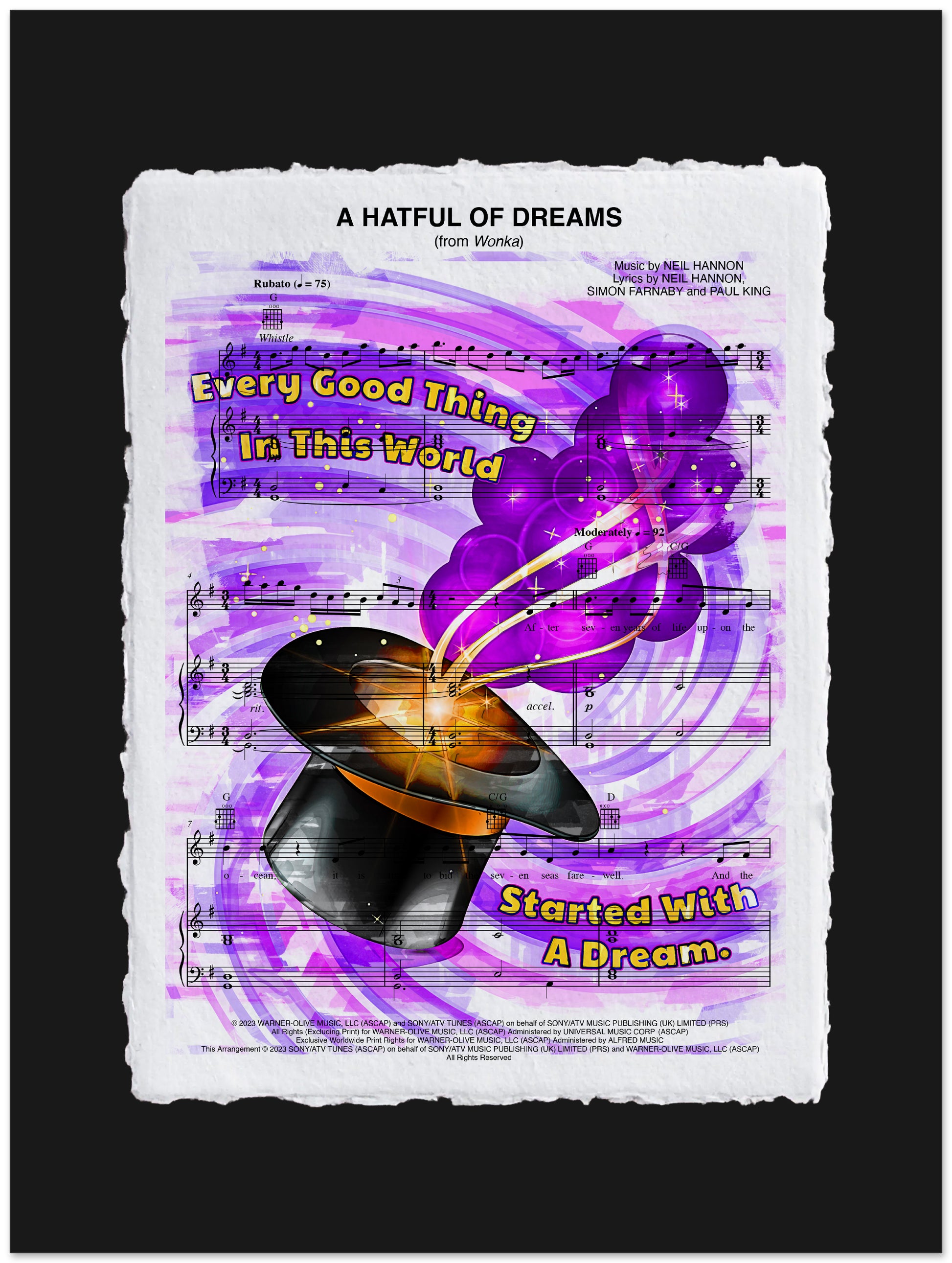 Sheet music with a purple and black design featuring a top hat and musical notes.