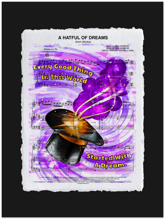 Sheet music with a purple and black design featuring a top hat and musical notes.