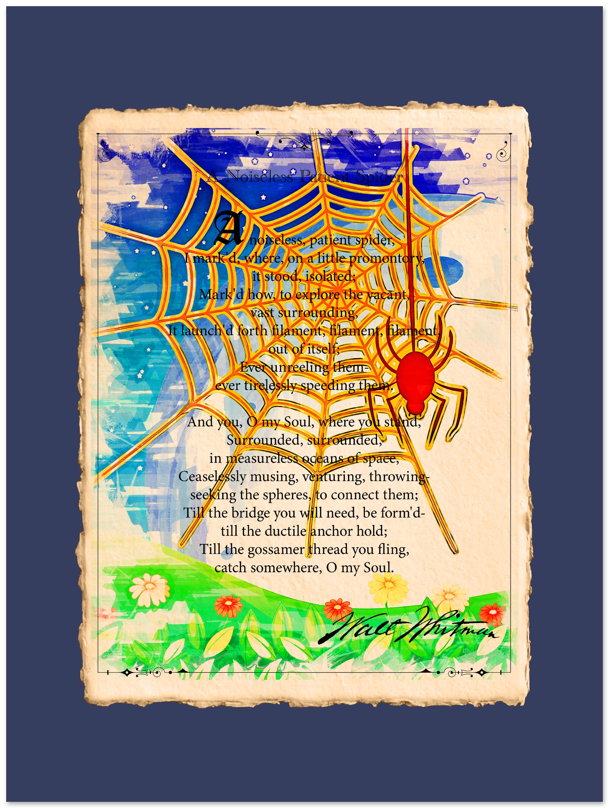 Artistic depiction of a spider web with a spider and text on a blue background
