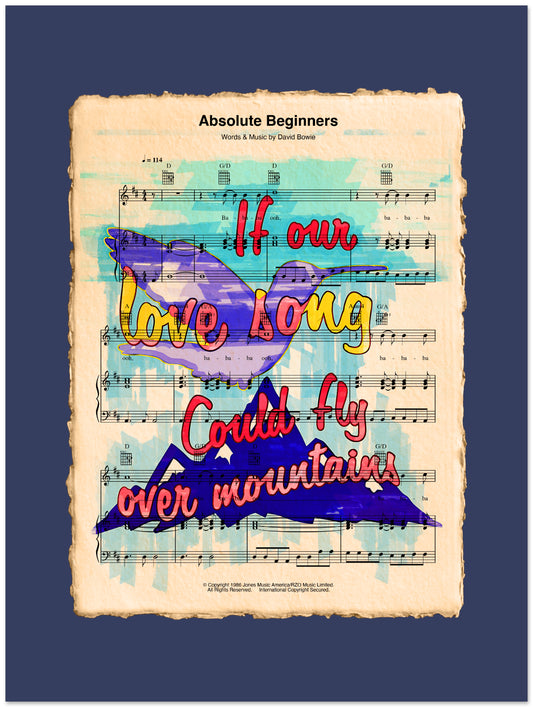 Sheet music with colorful text and mountain design on a blue background