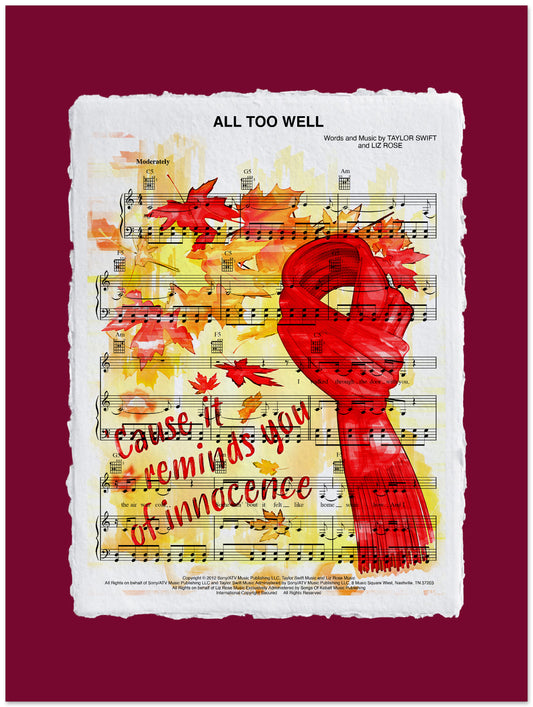 Sheet music with a red scarf and autumn leaves on a maroon background
