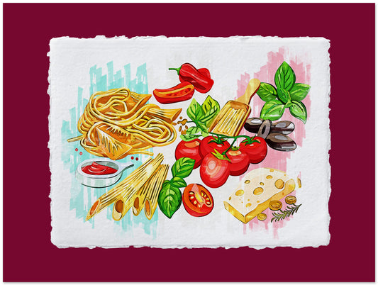 Illustration of pasta, vegetables, and cheese on a textured white background with a red border.