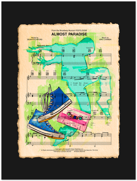 Colorful illustration of a blue shoe, green frog, and pink cassette on sheet music.