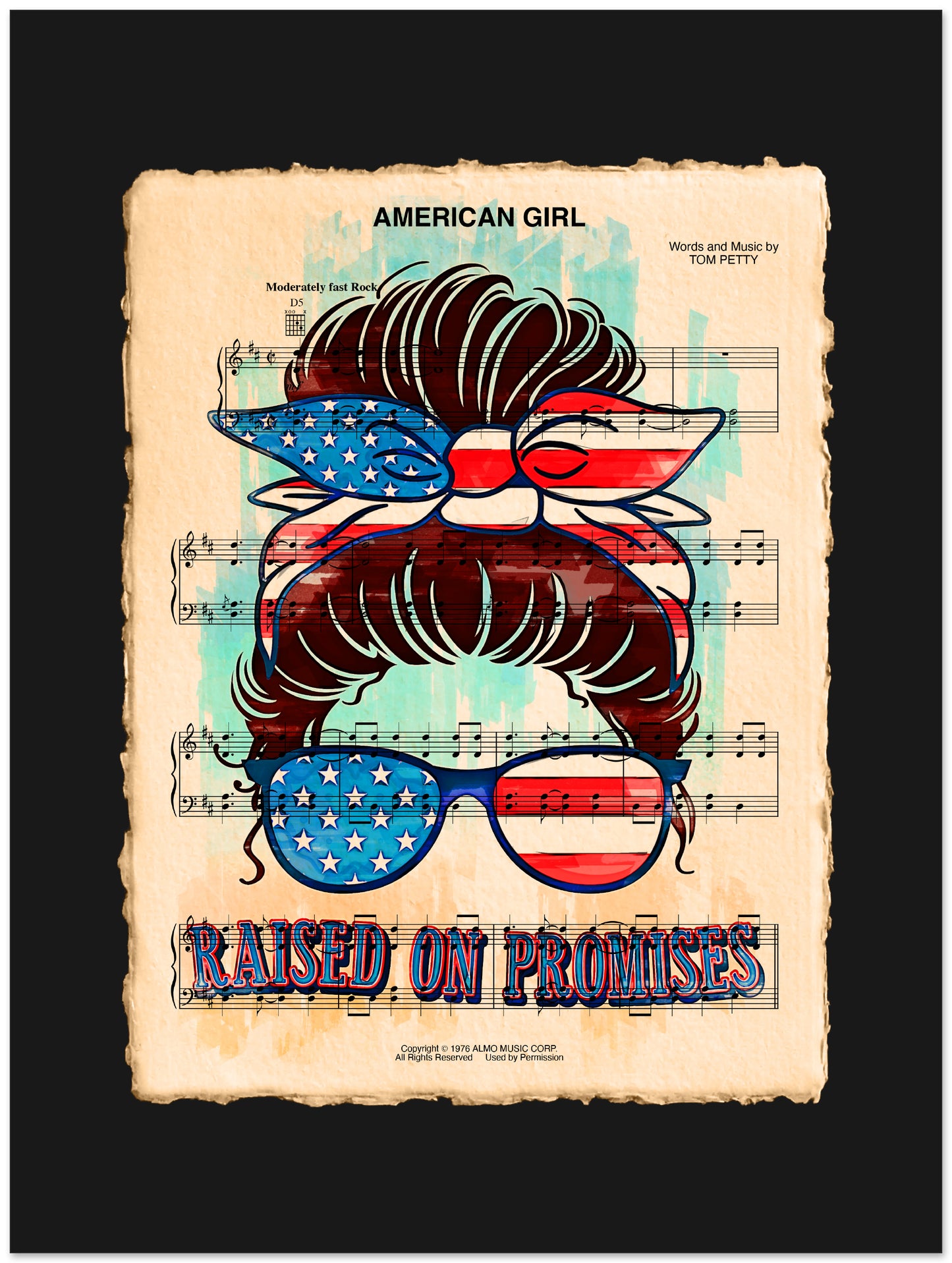 Vintage-style poster with an American flag-themed design featuring a hairstyle and sunglasses on a sheet music background.