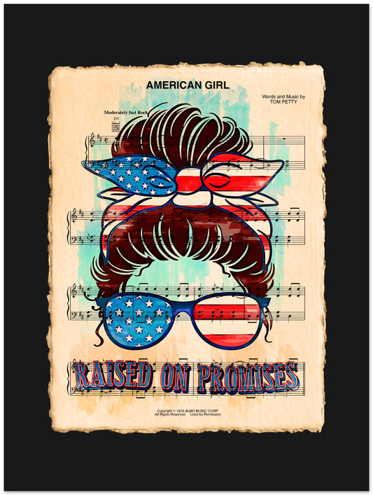 Vintage-style poster with an American flag-themed design featuring a hairstyle and sunglasses on a sheet music background.