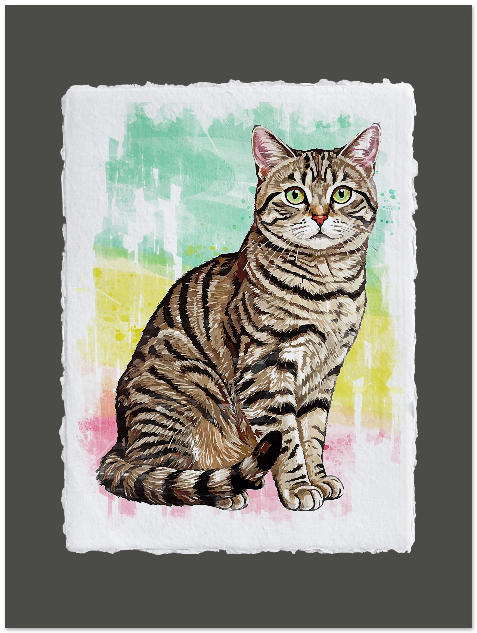 Illustration of a tabby cat on a colorful watercolor background