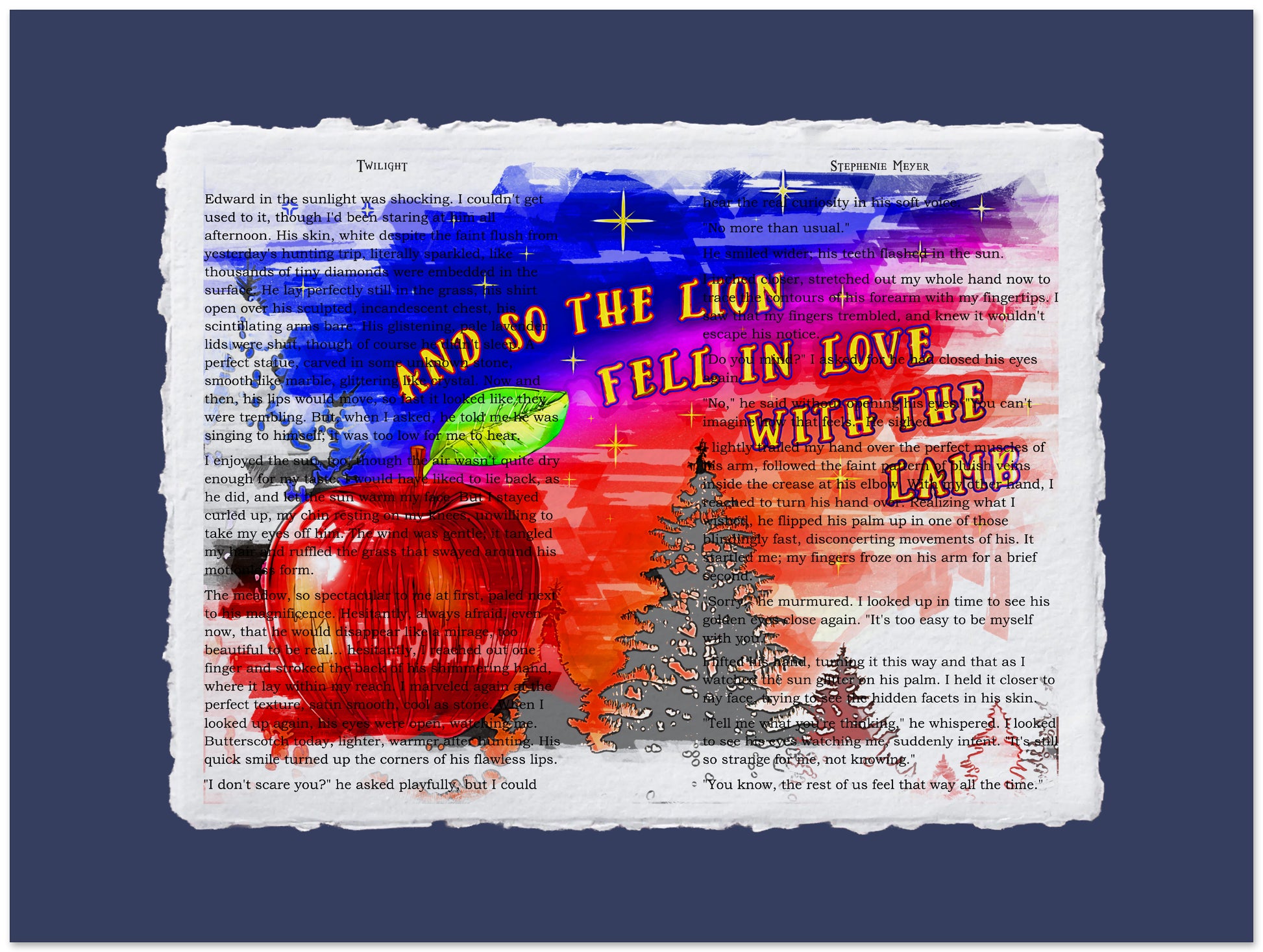 Artistic depiction of a lion and lamb with colorful abstract elements on a blue background.