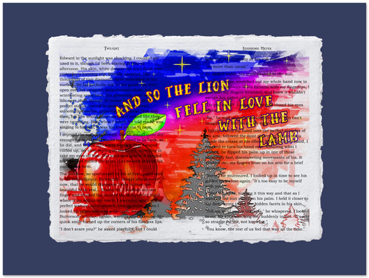 Artistic depiction of a lion and lamb with colorful abstract elements on a blue background.