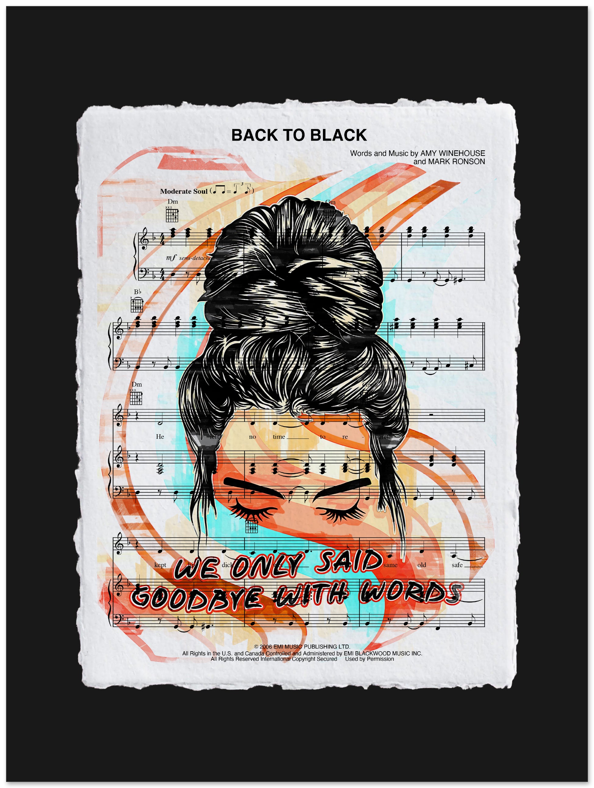 Artistic depiction of a woman's face with a bun on sheet music background