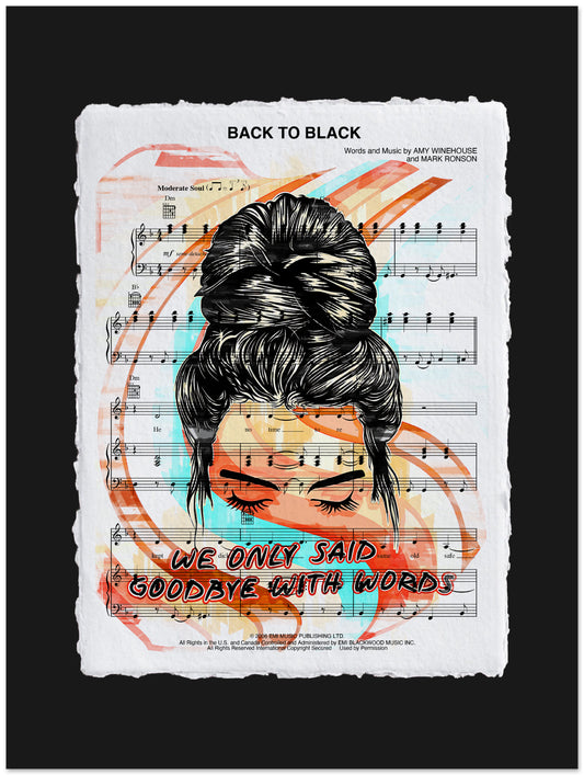 Artistic depiction of a woman's face with a bun on sheet music background