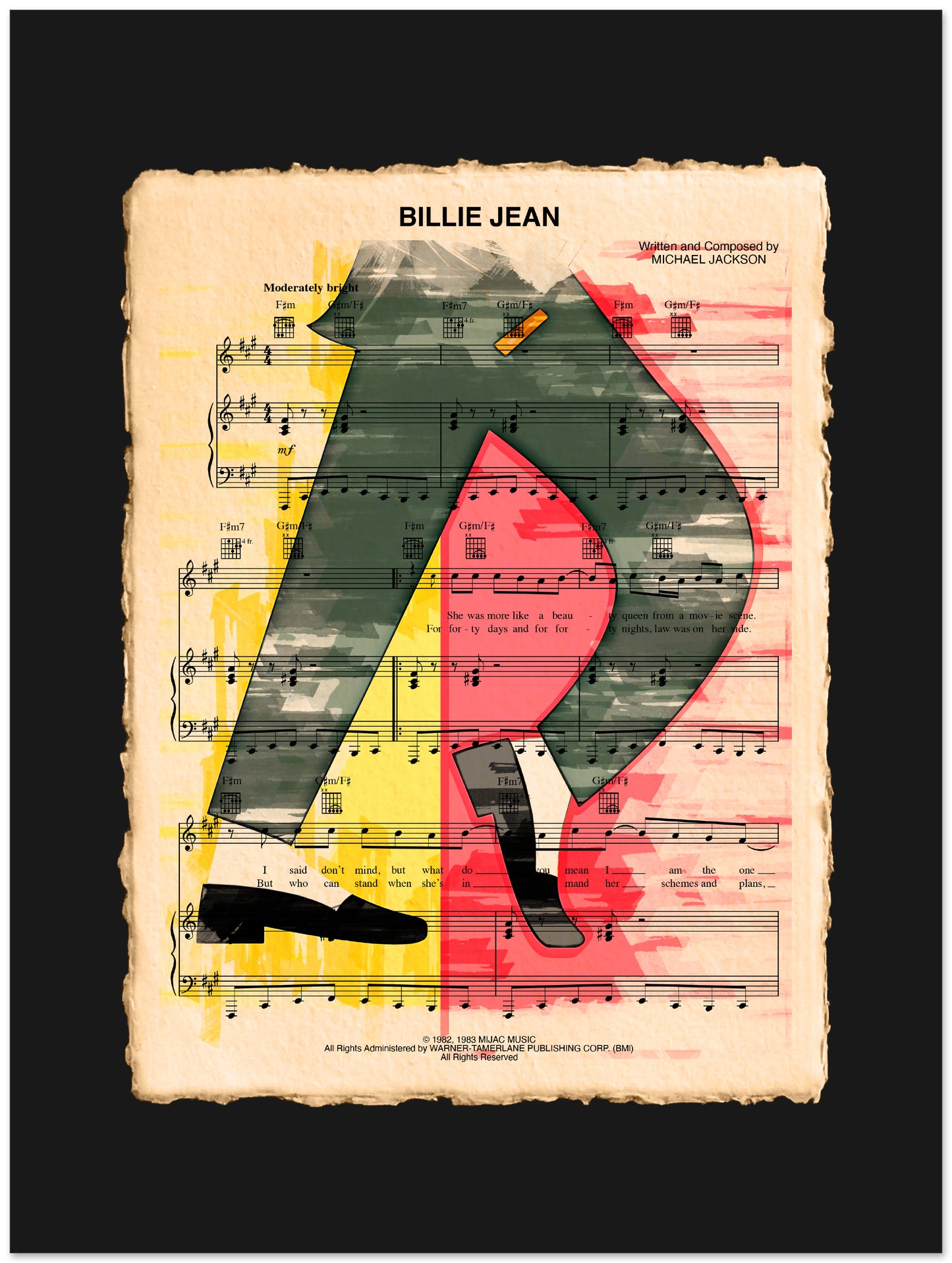 Music sheet with a silhouette of a person and colorful abstract design on a black background