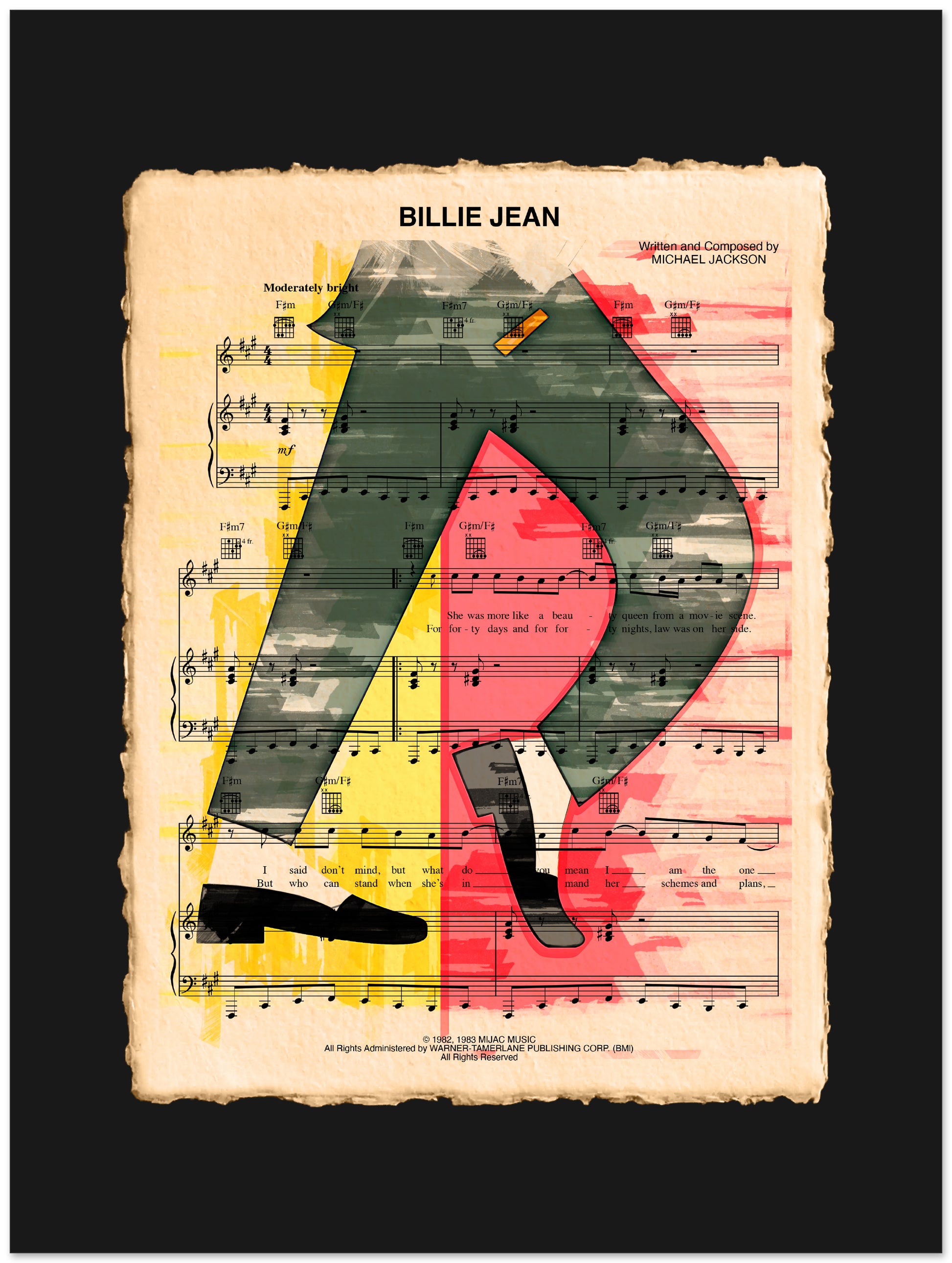 Music sheet with a silhouette of a person and colorful abstract design on a black background