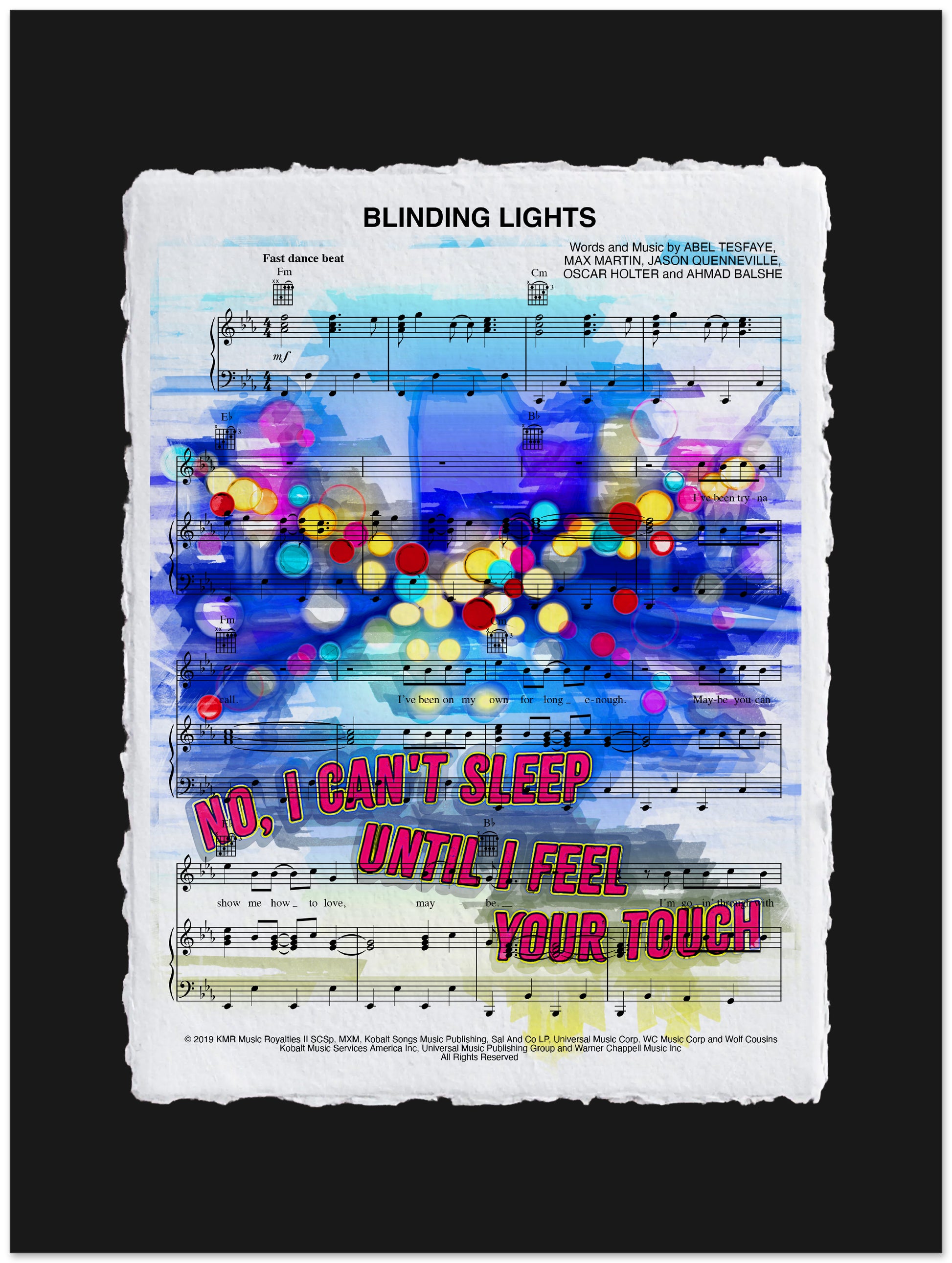 Sheet music with colorful abstract design and text overlay on a black background