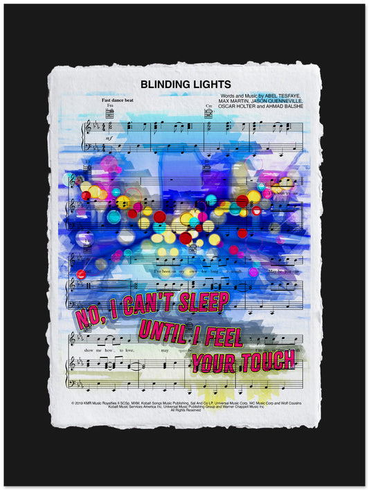 Sheet music with colorful abstract design and text overlay on a black background