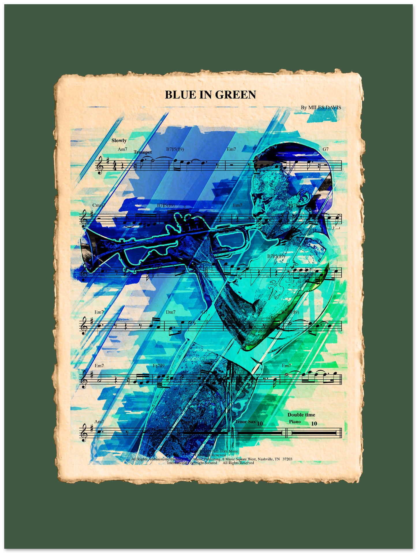 Artistic depiction of a trumpet player on sheet music with blue and green colors.