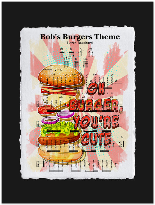 Sheet music cover for 'Bob's Burgers Theme' with a hamburger illustration and colorful design.