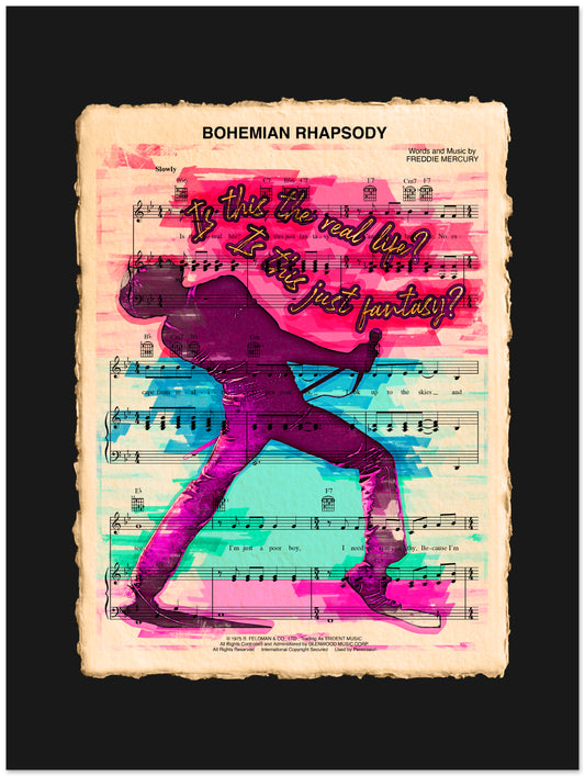 Singer silhouette on sheet music with 'Bohemian Rhapsody' text