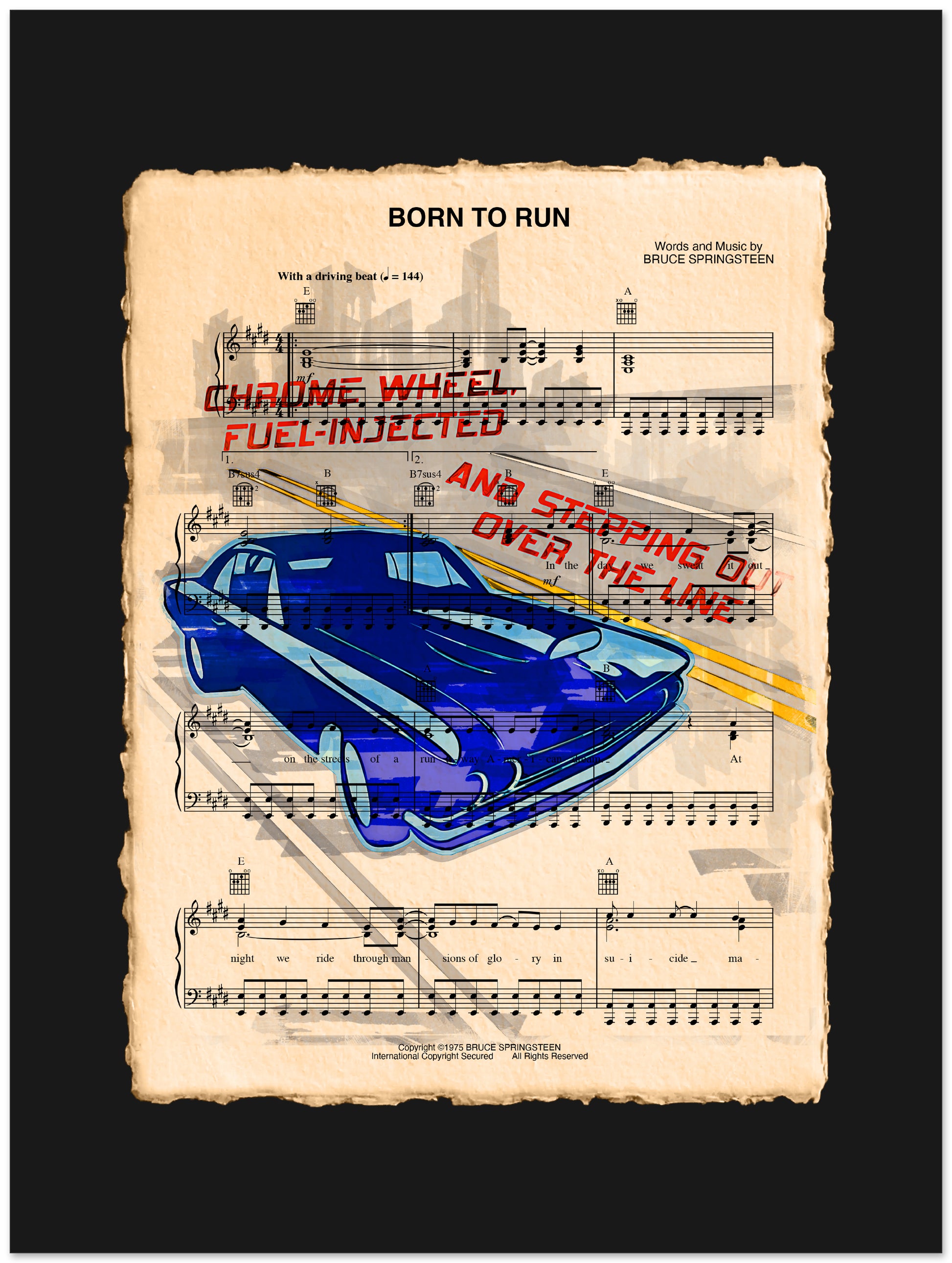 Sheet music with a blue car illustration and text on a black background