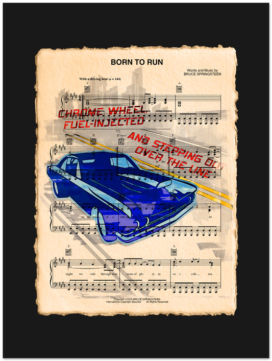 Sheet music with a blue car illustration and text on a black background