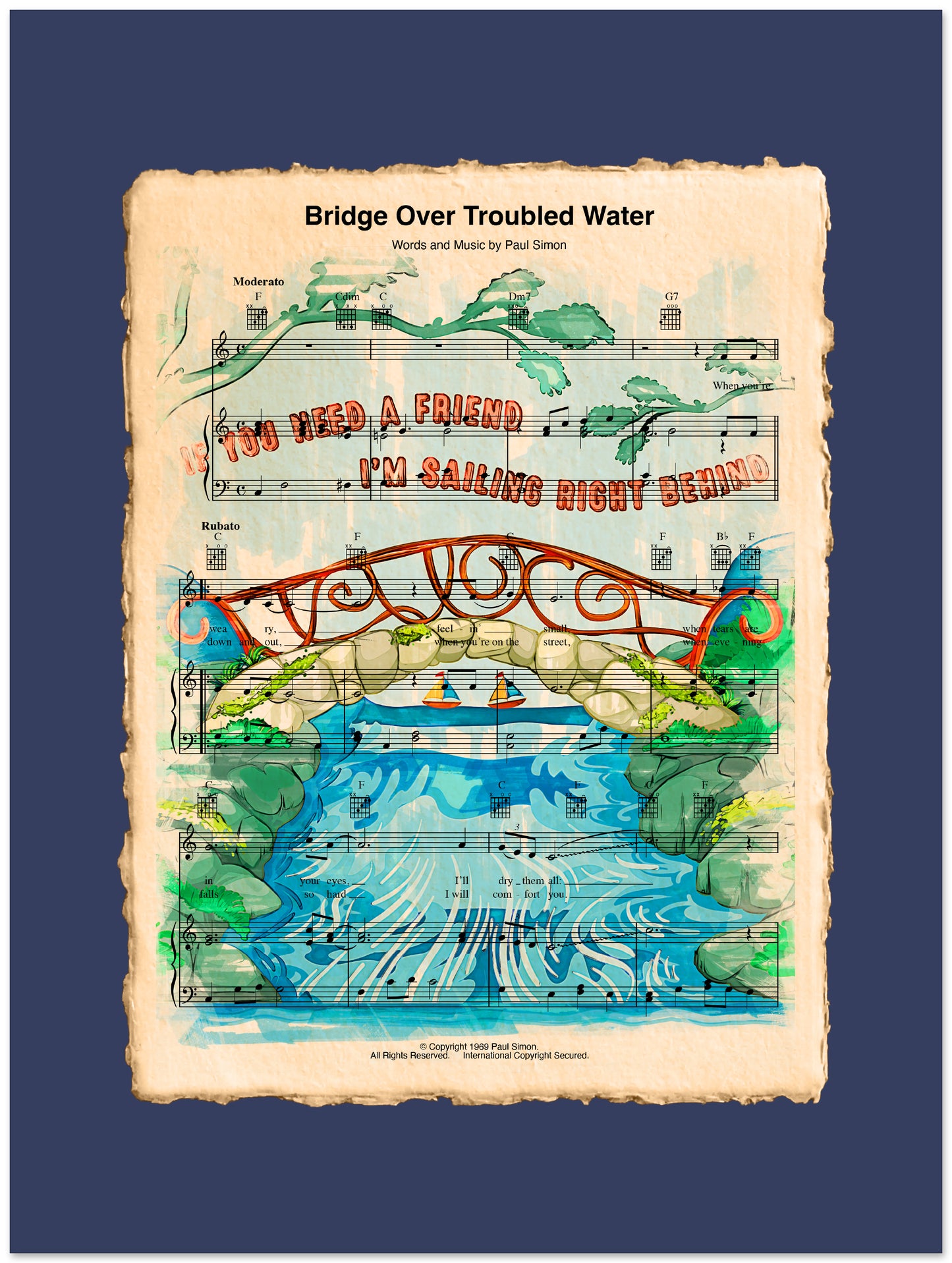 Sheet music cover for 'Bridge Over Troubled Water' with a colorful illustration of a bridge over water.