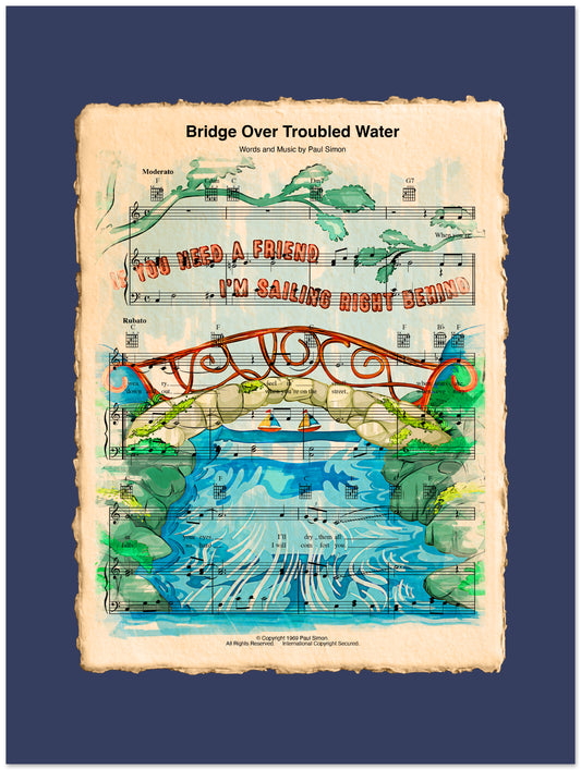Sheet music cover for 'Bridge Over Troubled Water' with a colorful illustration of a bridge over water.