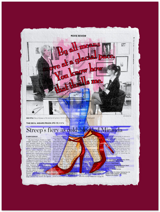Collage with high-heeled shoes, text, and a red background